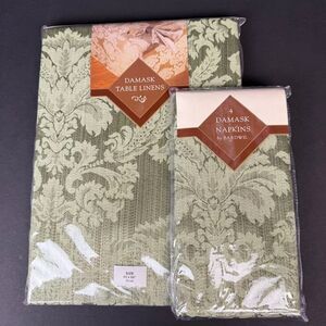 New VTG Bardwil Sage/Olive Green Damask 60x84" Oval Tablecloth & 4 Cloth Napkins